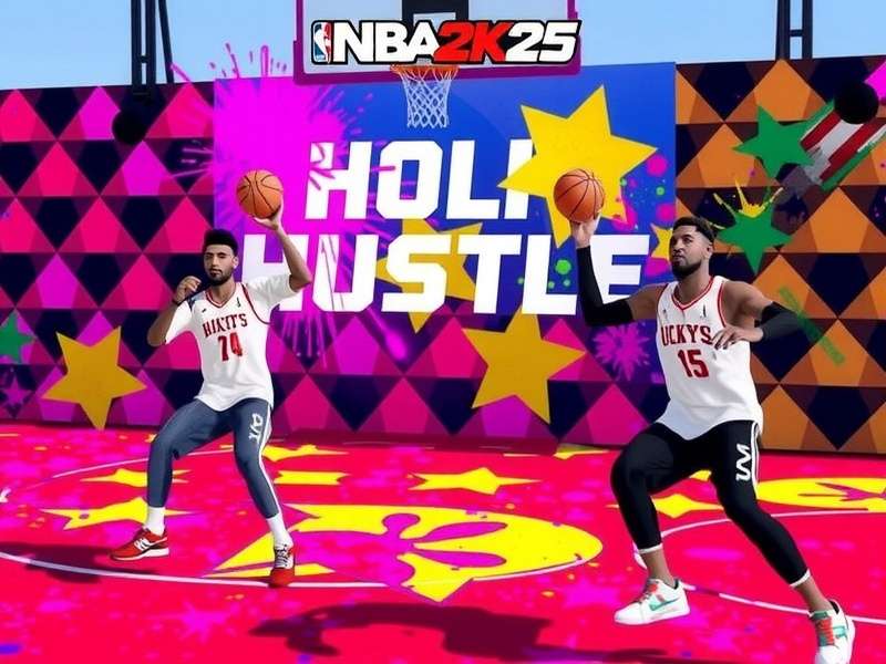 NBA 2K25 Rising Stars Holi Hustle event with colored court and players